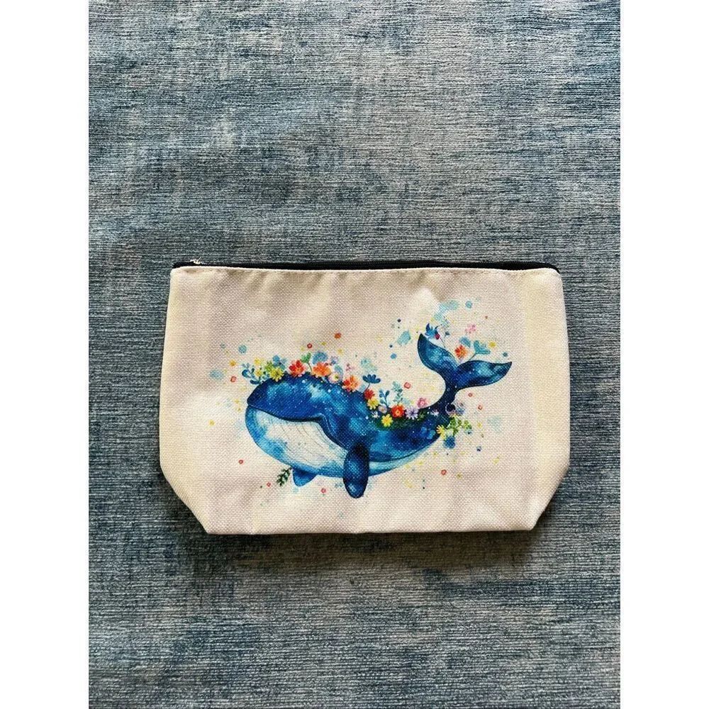 Cream Blue Whale Floral Cotton Canvas Small Makeup Bag Travel Toiletry Pouch